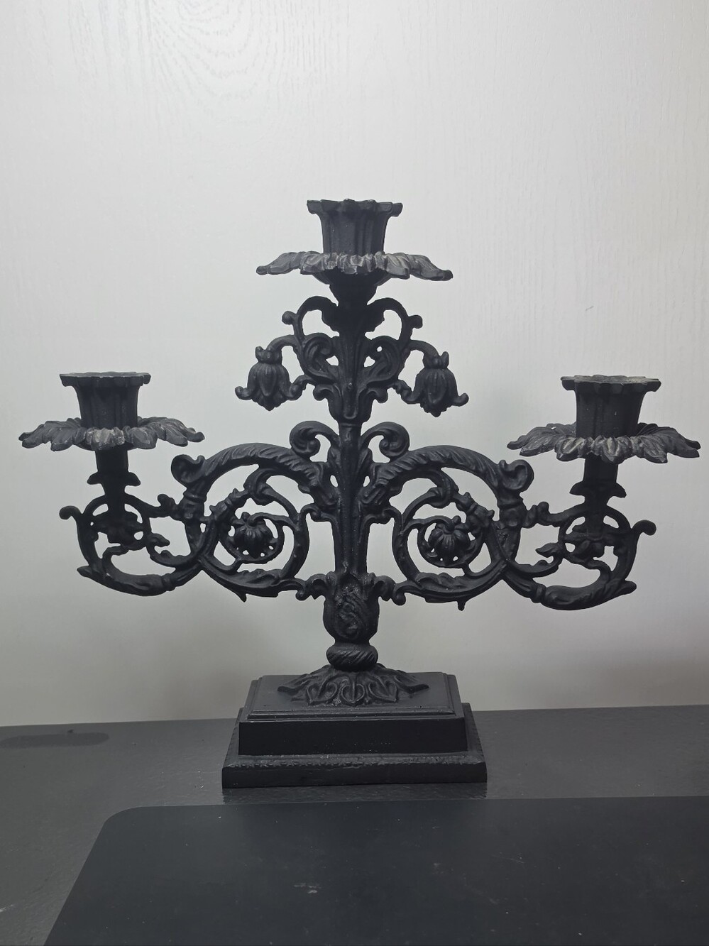 Ornate Black Metal 3-Arm Candelabra Candle Holder